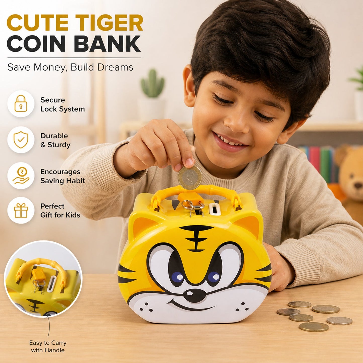 Cute Cartoon Design Metal Piggy Bank with Lock and Key (1 Pc Mix Design)