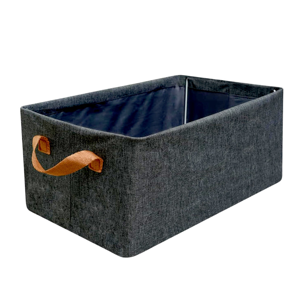 A single grey fabric storage box with brown handles and a dark blue interior, on a white background.