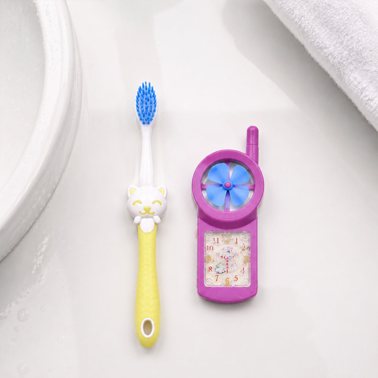 Kids Cartoon Design Toothbrush with Fan Toy Set (2 Pc Set)