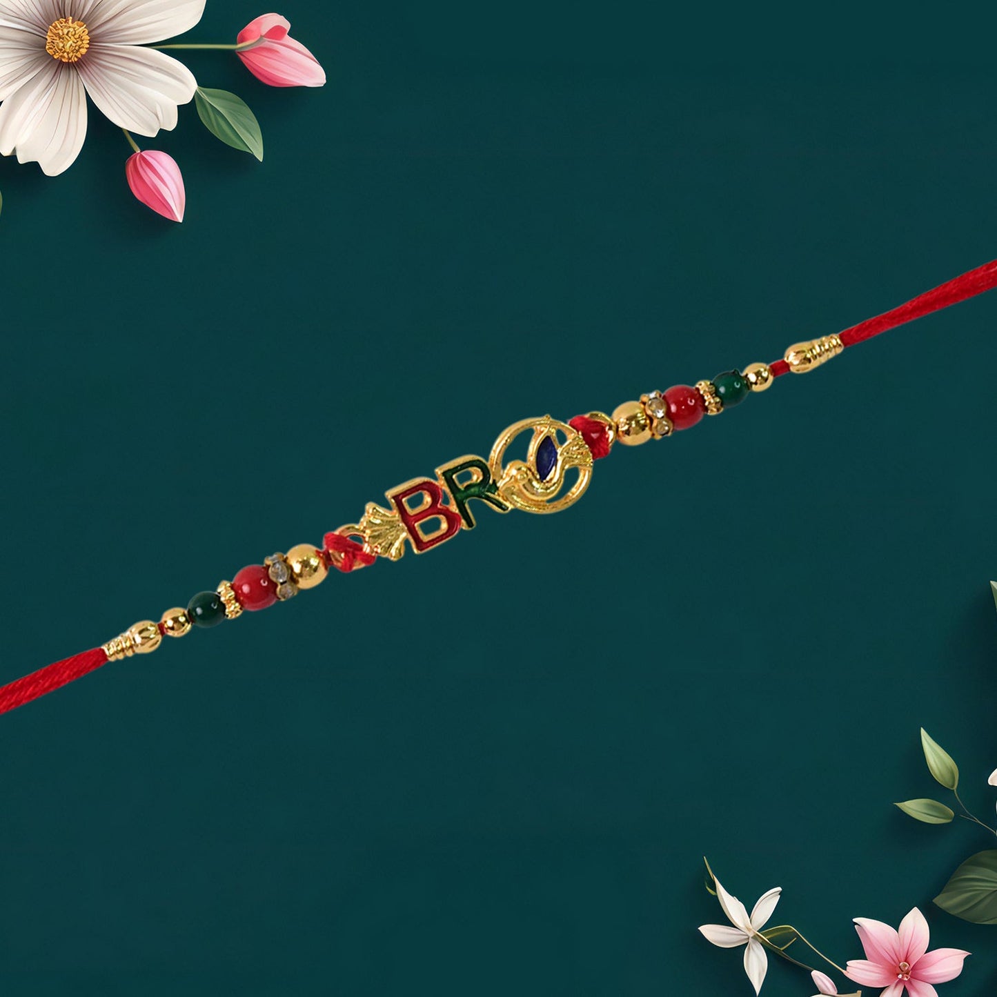 Set of three unique Gold-Toned Rakhis, beautifully arranged and ready for gifting during the Raksha Bandhan festival.