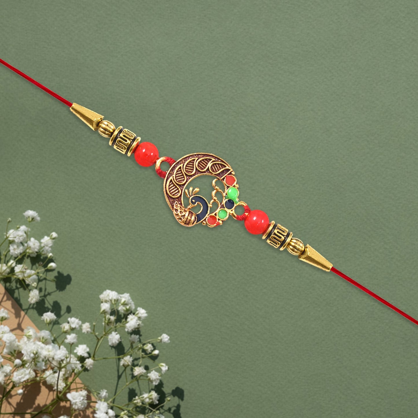 Round rakhi featuring colorful threads and detailed peacock design symbolizing sibling love