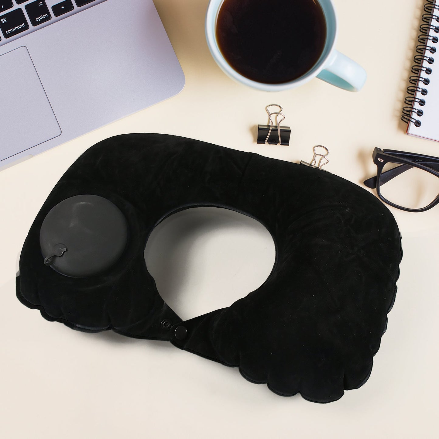 8512 3 in 1 Comfortable Travel Sleeping Kit, Neck Pillow, Eye Mask & Ear Plug Set Inflatable Plane Sleeping Pillow Head Neck Support Pillows for Travel Airplane Office, Black