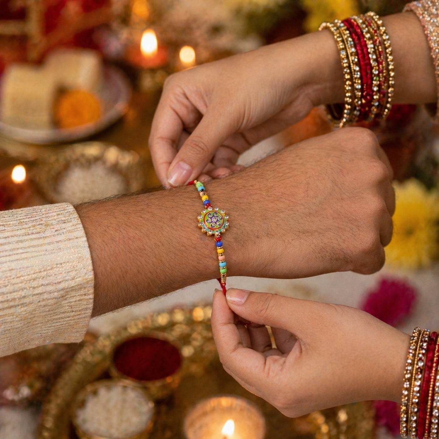 Designer circular Rakhi with sparkling stone centerpiece