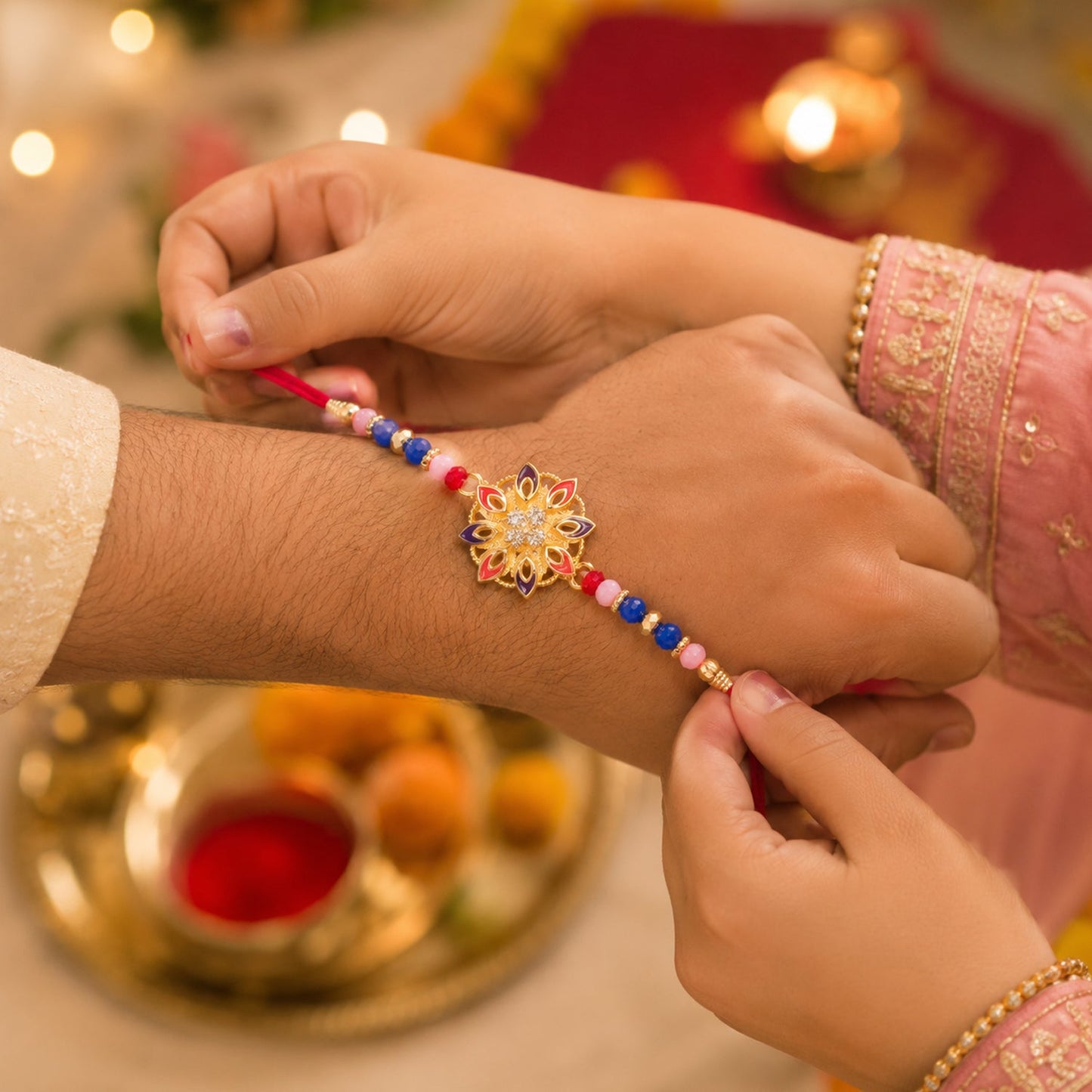 Close-up of floral Rakhi center with beads
