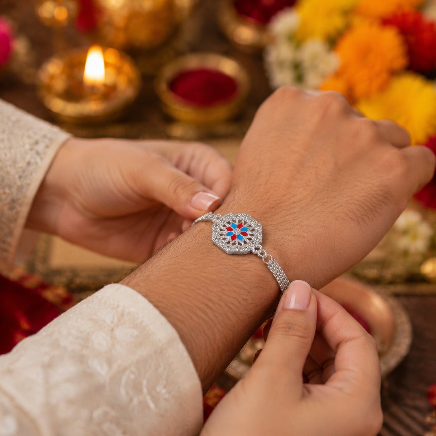 Decorative Rakhi with crystals and festive thread