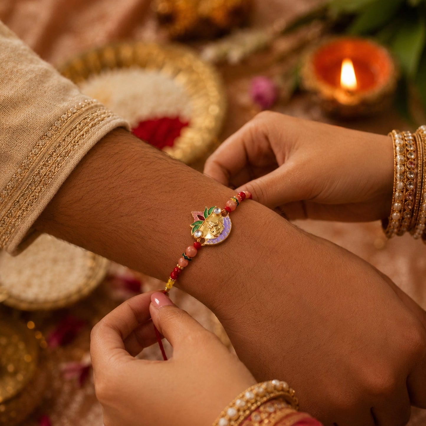 Decorative beads and Ganesh motif on traditional Rakhi