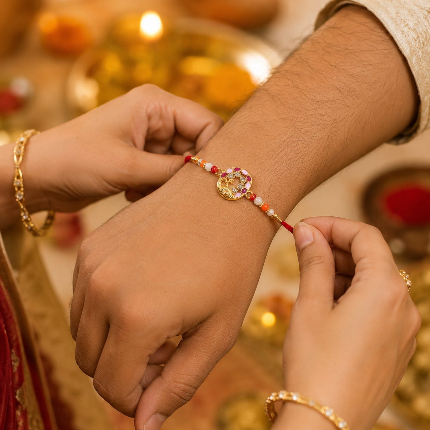 Traditional Peacock Rakhi with multicolored beads and detailed peacock centerpiece
