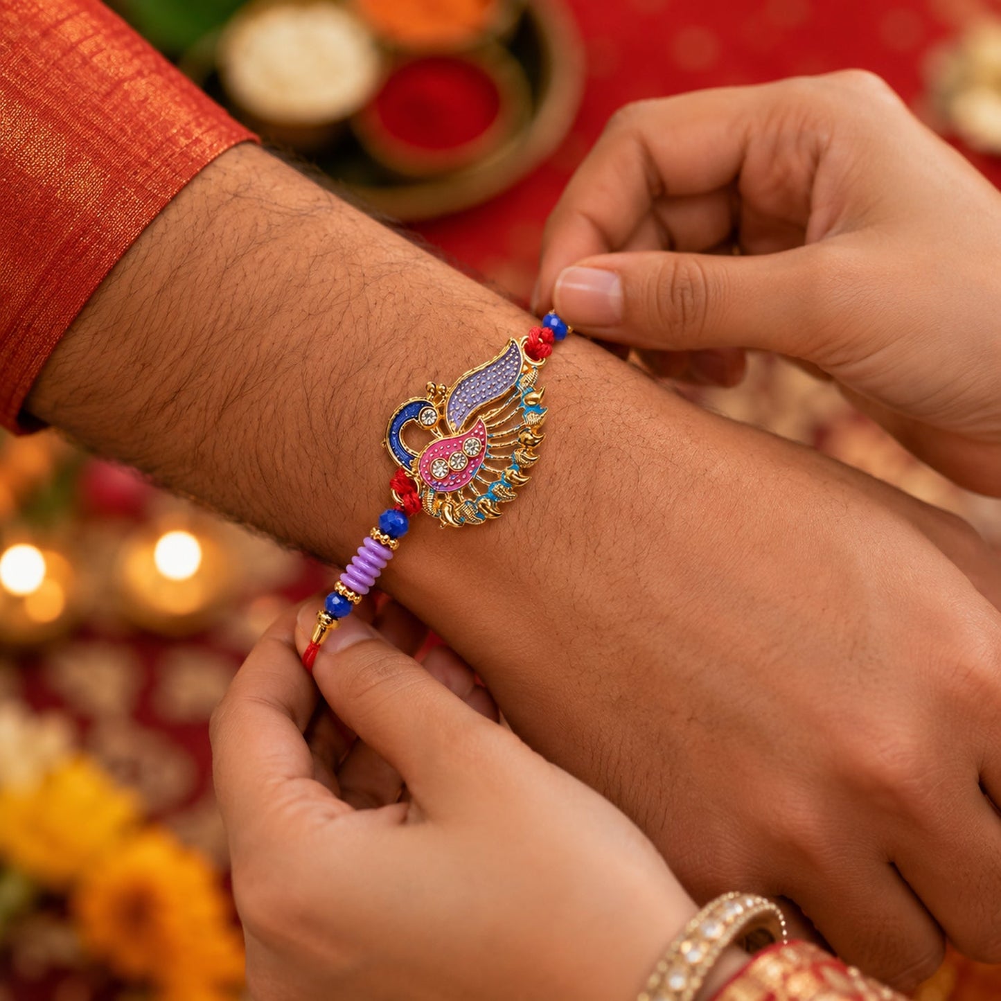 Close-up of designer peacock Rakhi with intricate beads