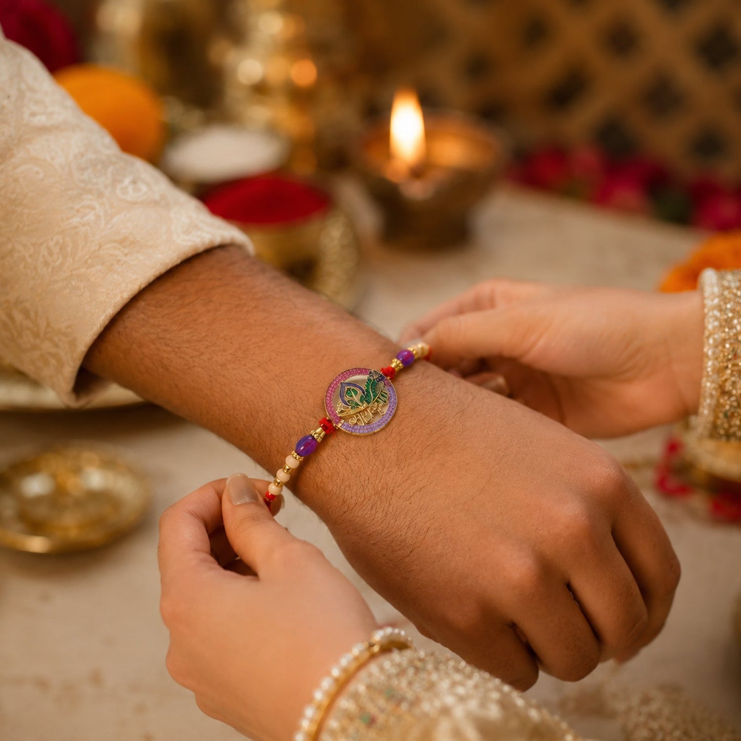 Close-up of Radha Krishna motif with beads on the Rakhi