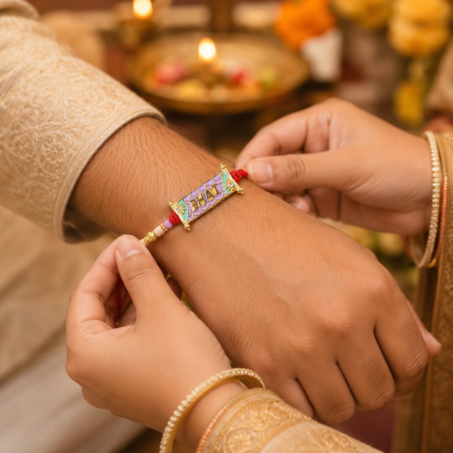 Traditional Bhai Rakhi with stylish centerpiece and colorful beads