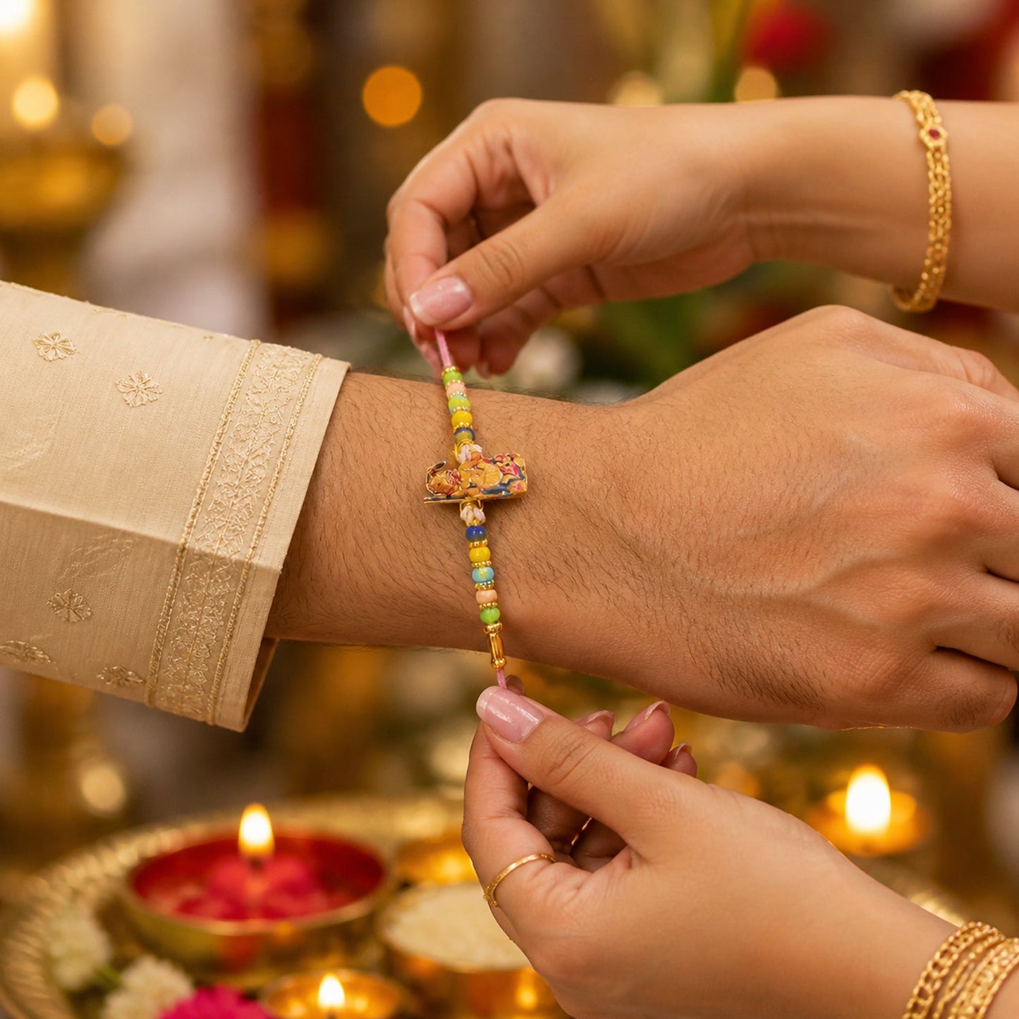 Festive Hanuman Ji Rakhi with elegant centerpiece and beads