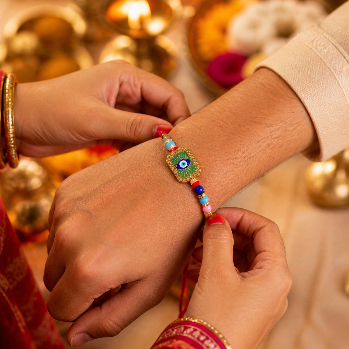 Top angle view of mint green thread Evil Eye Rakhi