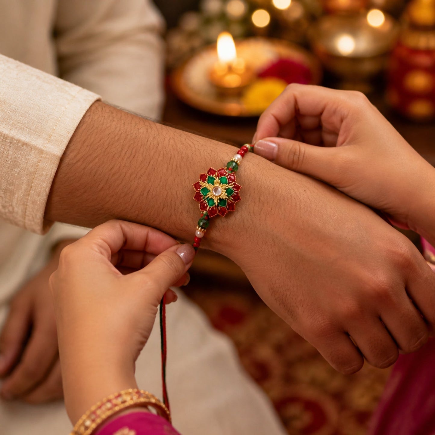 Traditional Rakhi tied with red & green thread