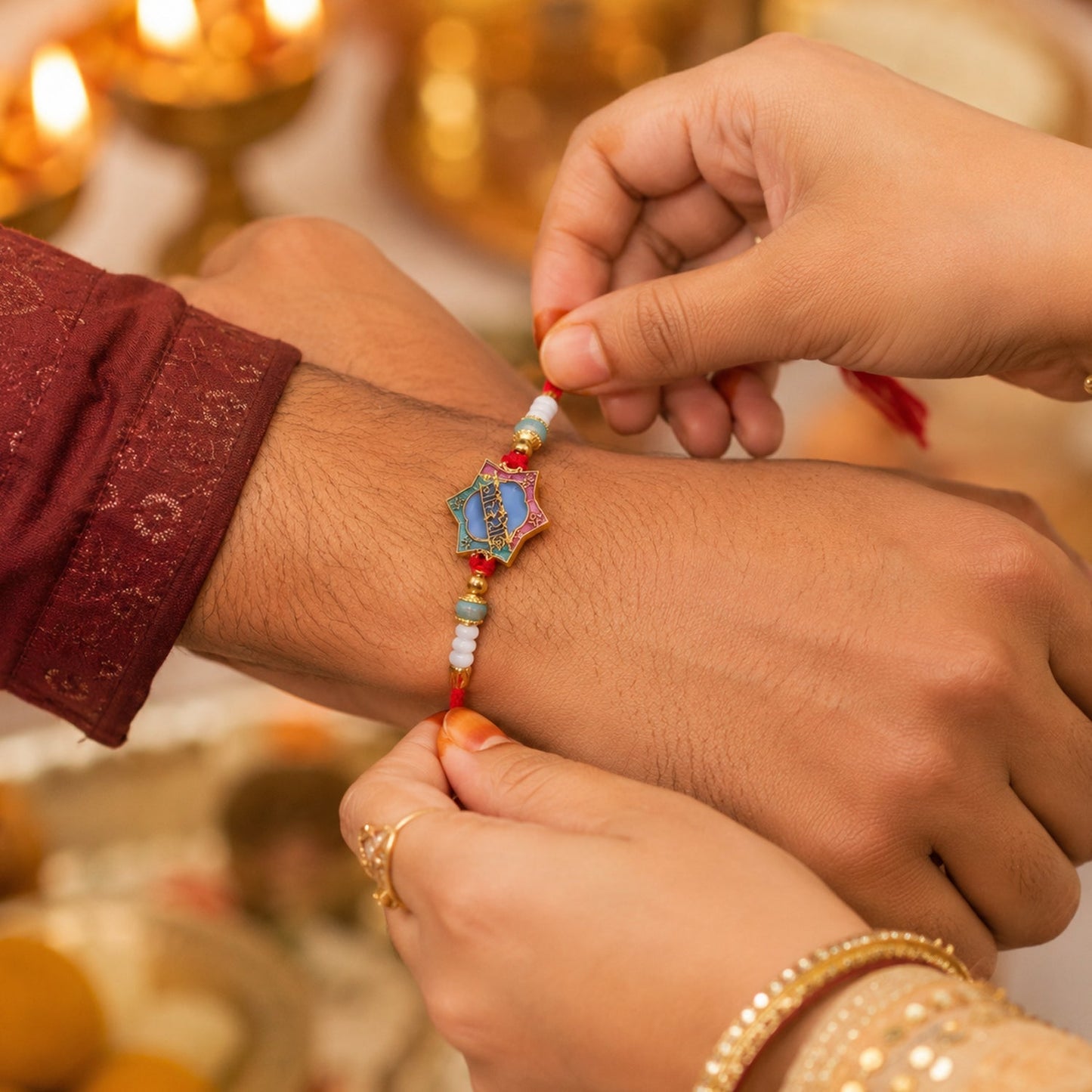 Close-up of decorative centerpiece and beads on Khatu Shyam Rakhi