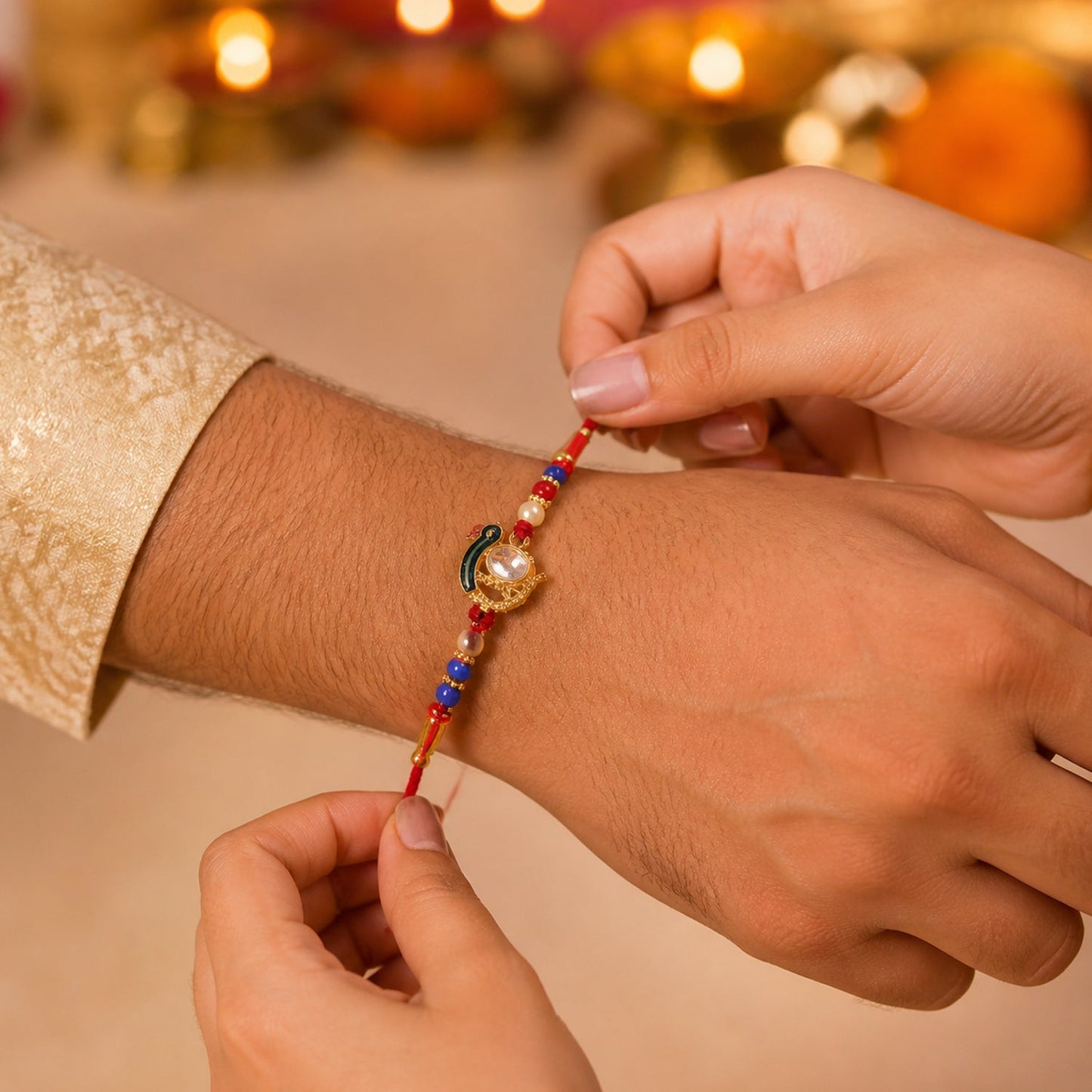Soft thread Rakhi with golden and stone decoration for Raksha Bandhan