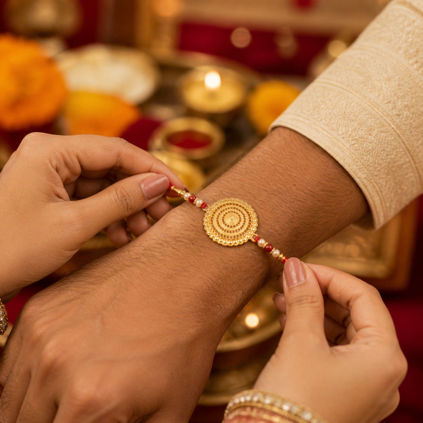 Soft gold thread Rakhi with elegant design for Raksha Bandhan