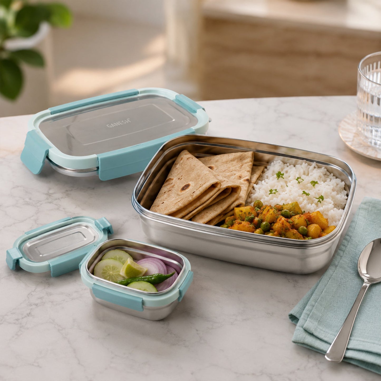 Ganesh Shine 750 Stainless Steel Lunch Box Set with Small Side Container (1 Set)