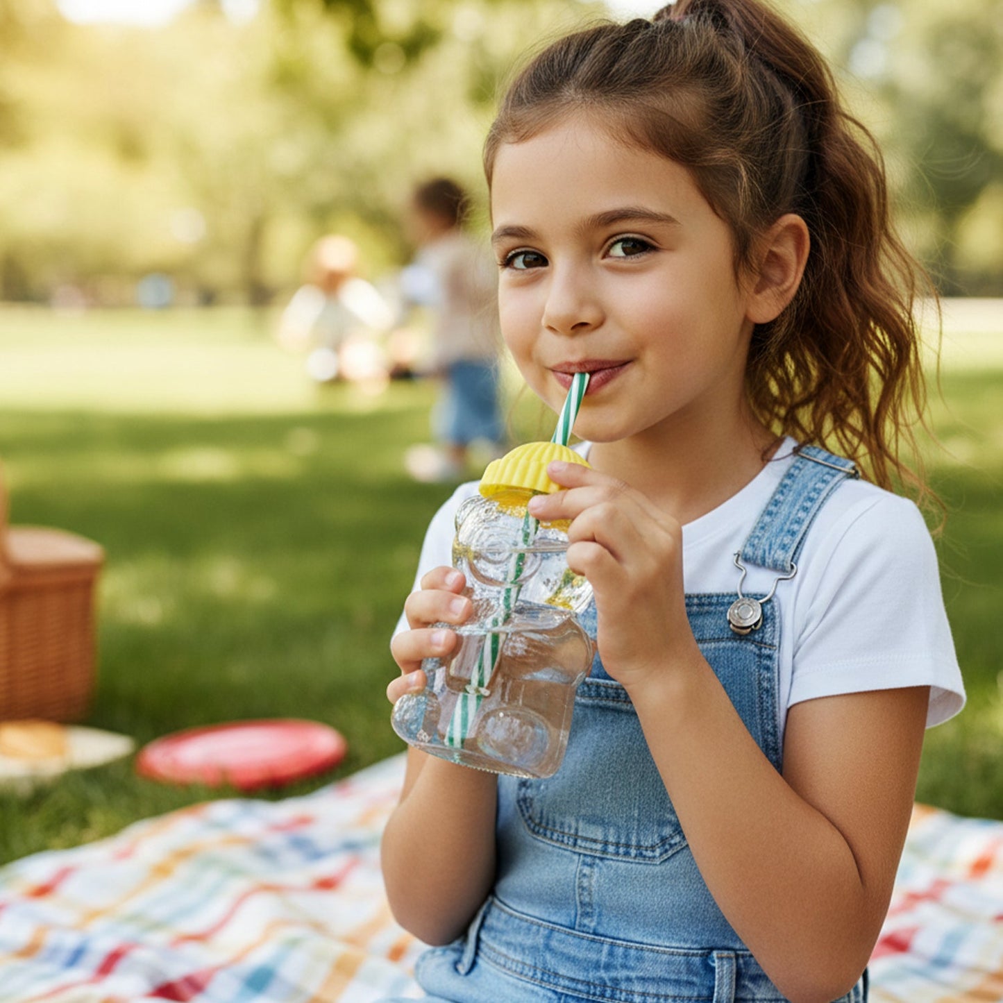 transparent bear design kids juice cup with lid and straw