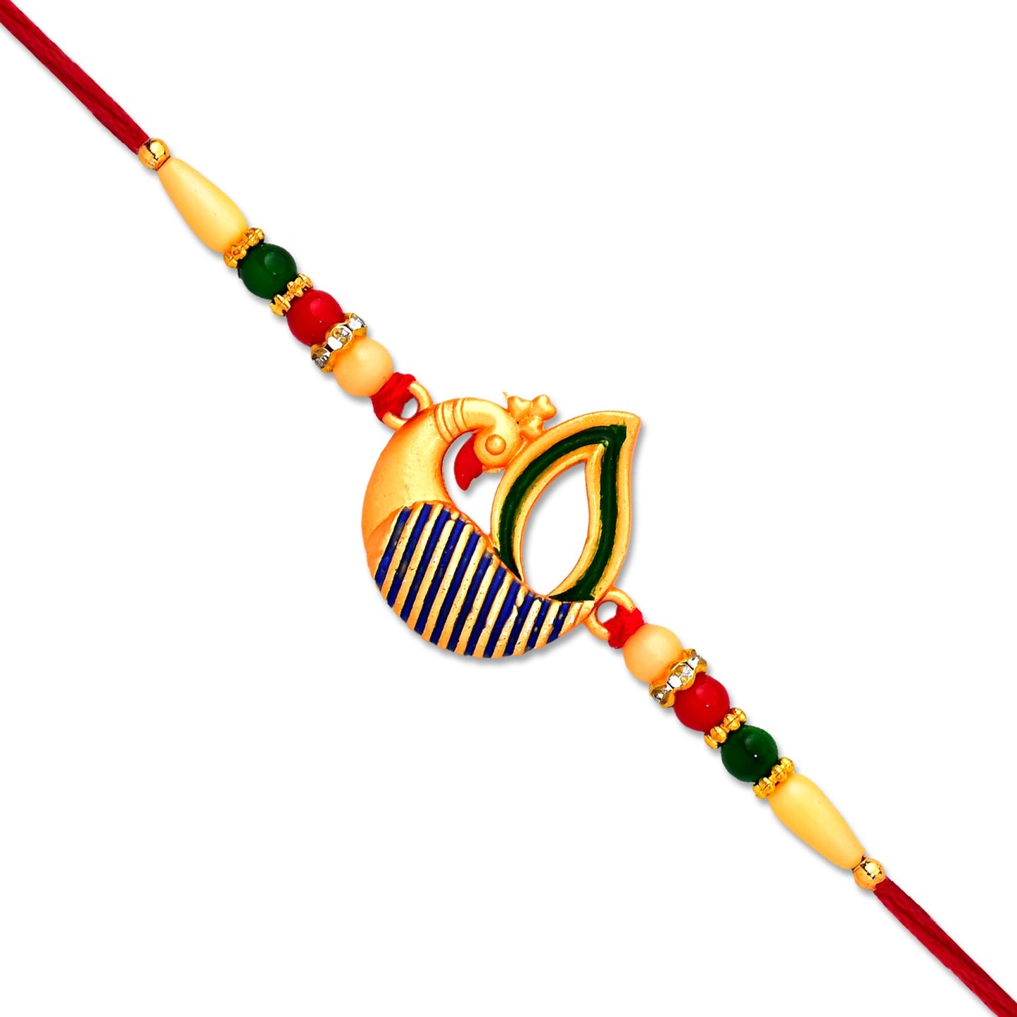 Peacock Feather Rakhi presented with traditional roli chawal for Raksha Bandhan rituals.