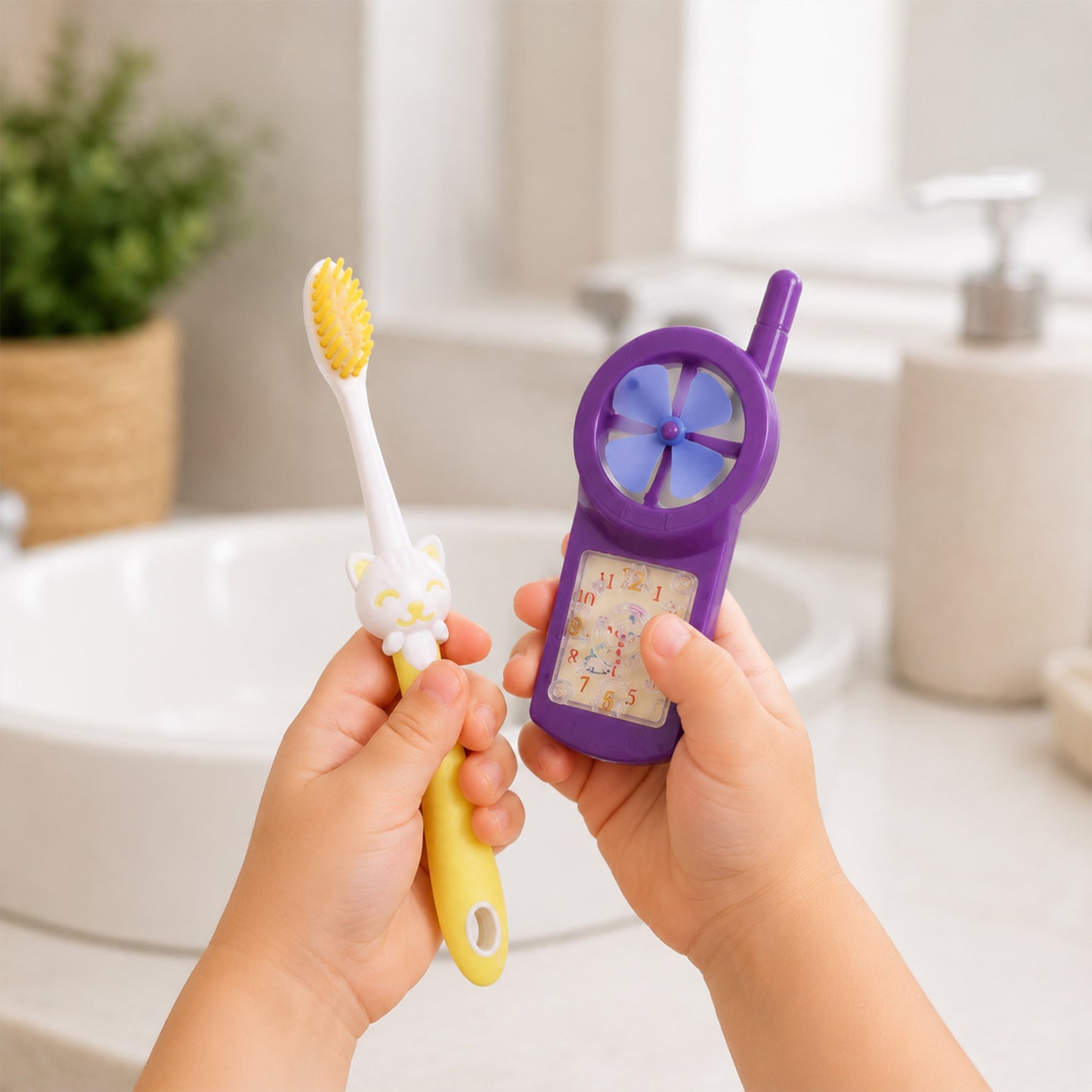 Kids Cartoon Design Toothbrush with Fan Toy Set (2 Pc Set)