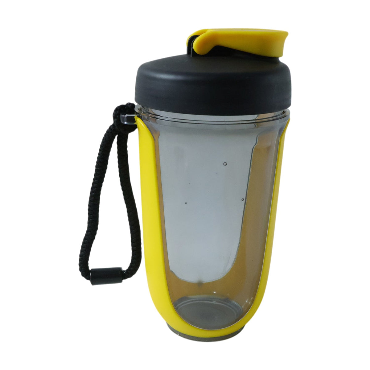 A yellow and black shaker bottle with a black strap and clear body is shown on a white background.