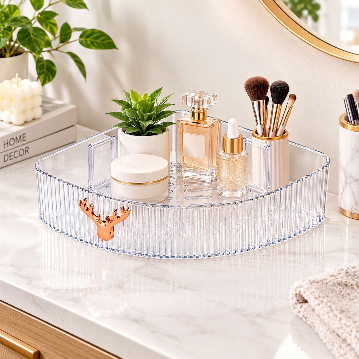 Transparent corner shelf on a marble counter, filled with makeup brushes, perfume, and cosmetic jars.