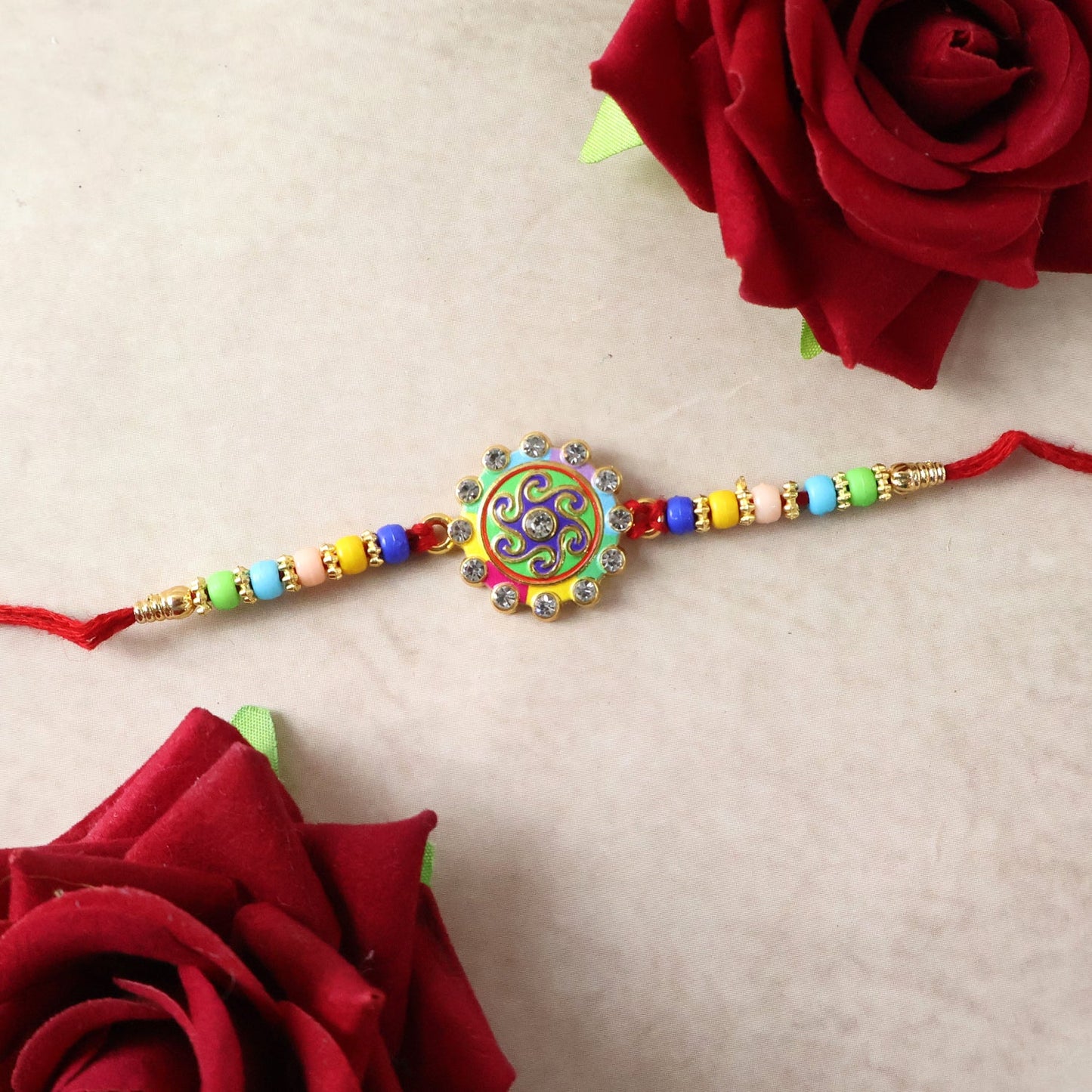 Detailed view of bead arrangement on festive Rakhi