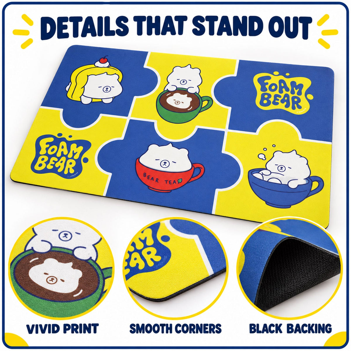 Close-up views of the bath mat show a vivid bear print, smooth corners, and a black textured backing.