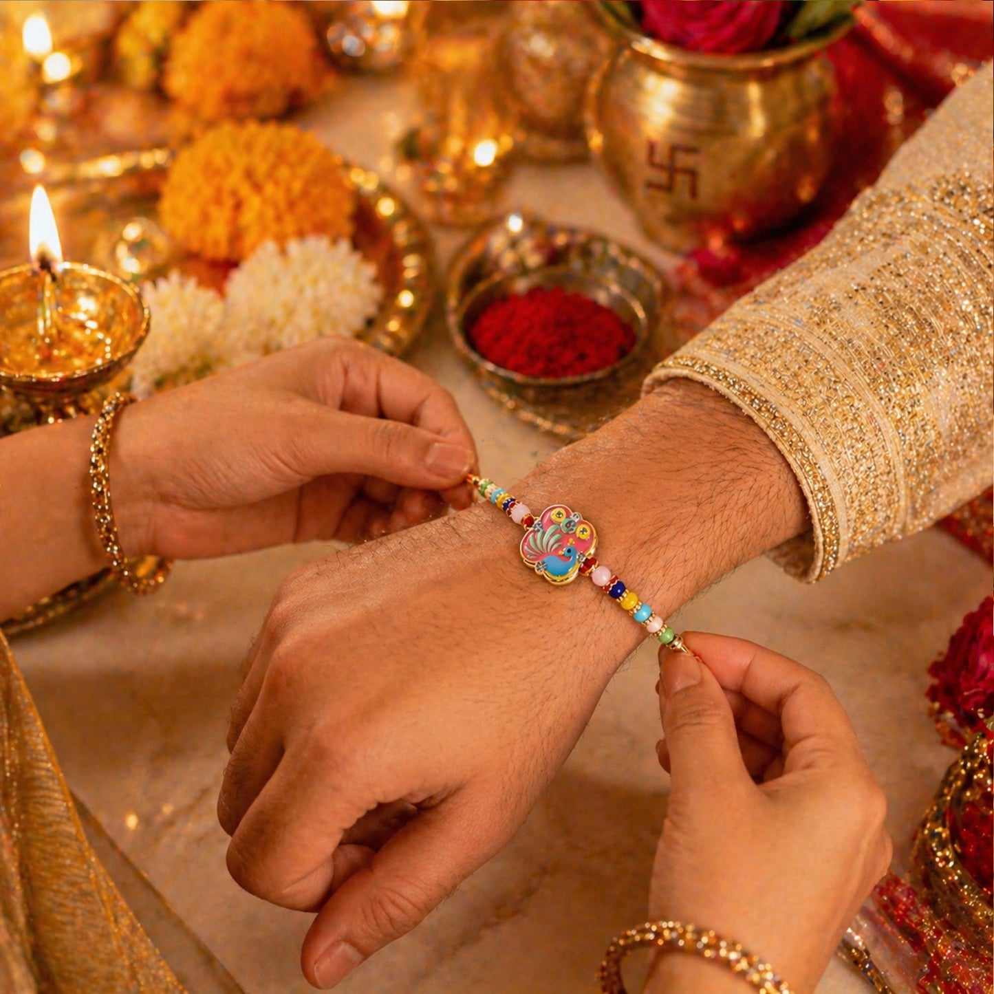 Soft thread on vibrant peacock Rakhi for Raksha Bandhan
