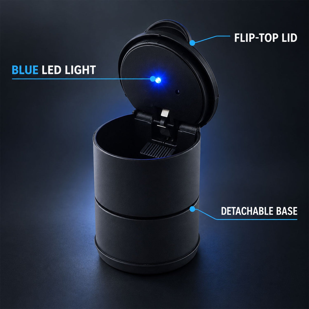 A black car ashtray with its lid open, highlighting the blue LED light and the detachable base with text labels.