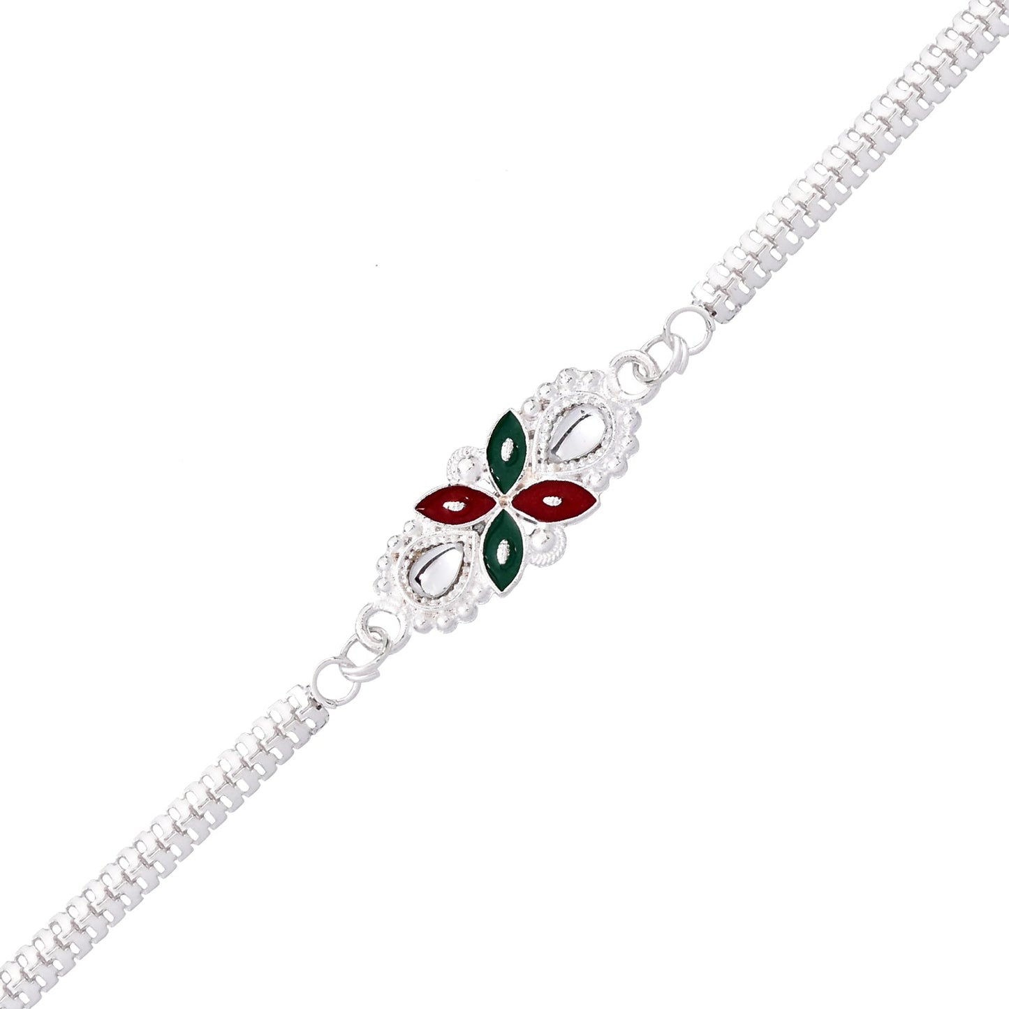 Side profile of the handcrafted Floral Rakhi, highlighting its durable metal chain and design.