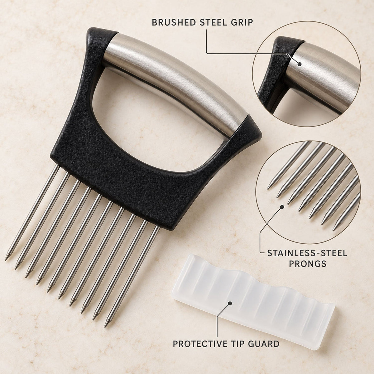 A black and silver onion holder with a clear protective tip guard, highlighting its brushed steel grip and stainless steel