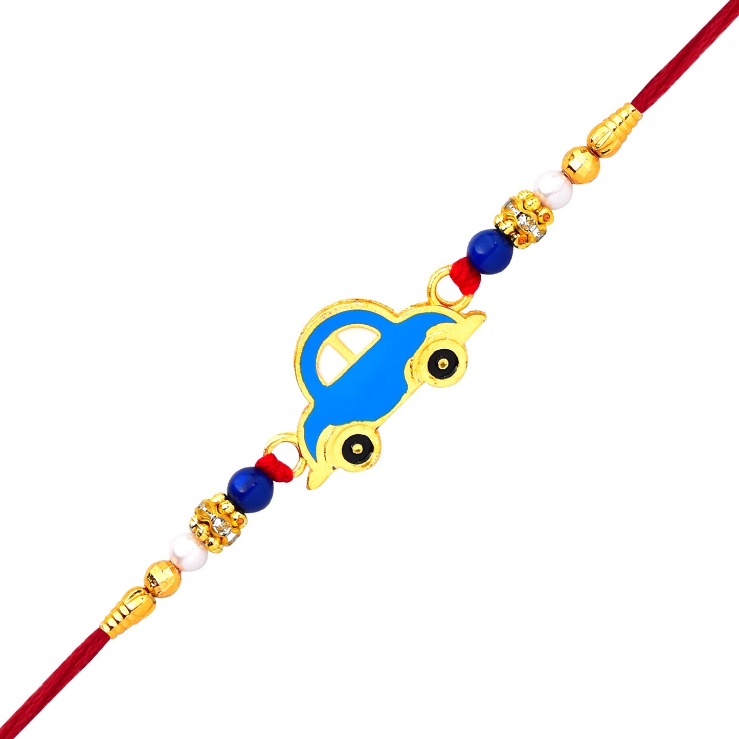 Creative styling of the vibrant Blue Car Rakhi highlighting its playful design and colors.