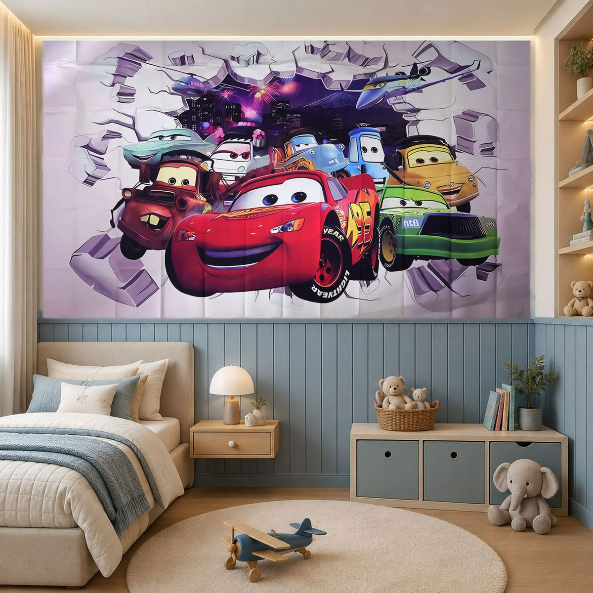Colourful racing car wall backdrop above bedroom furniture