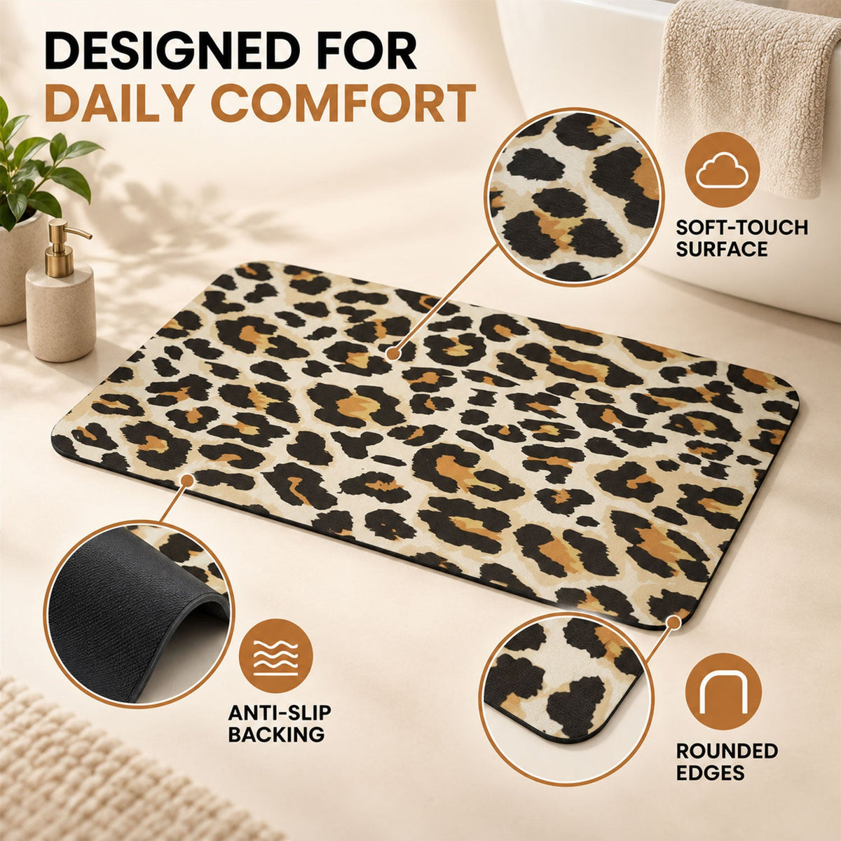 A leopard print bath mat on a light tile floor, with insets highlighting its soft surface and anti-slip backing.