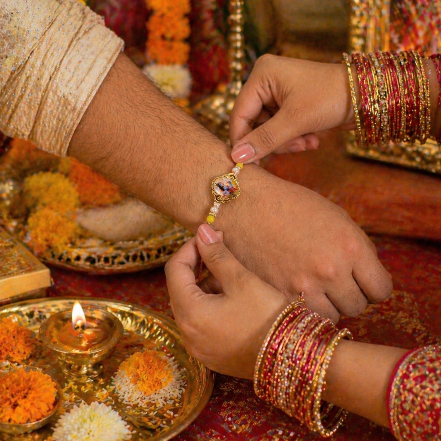 Traditional Rakhi with Lord Krishna and bead details
