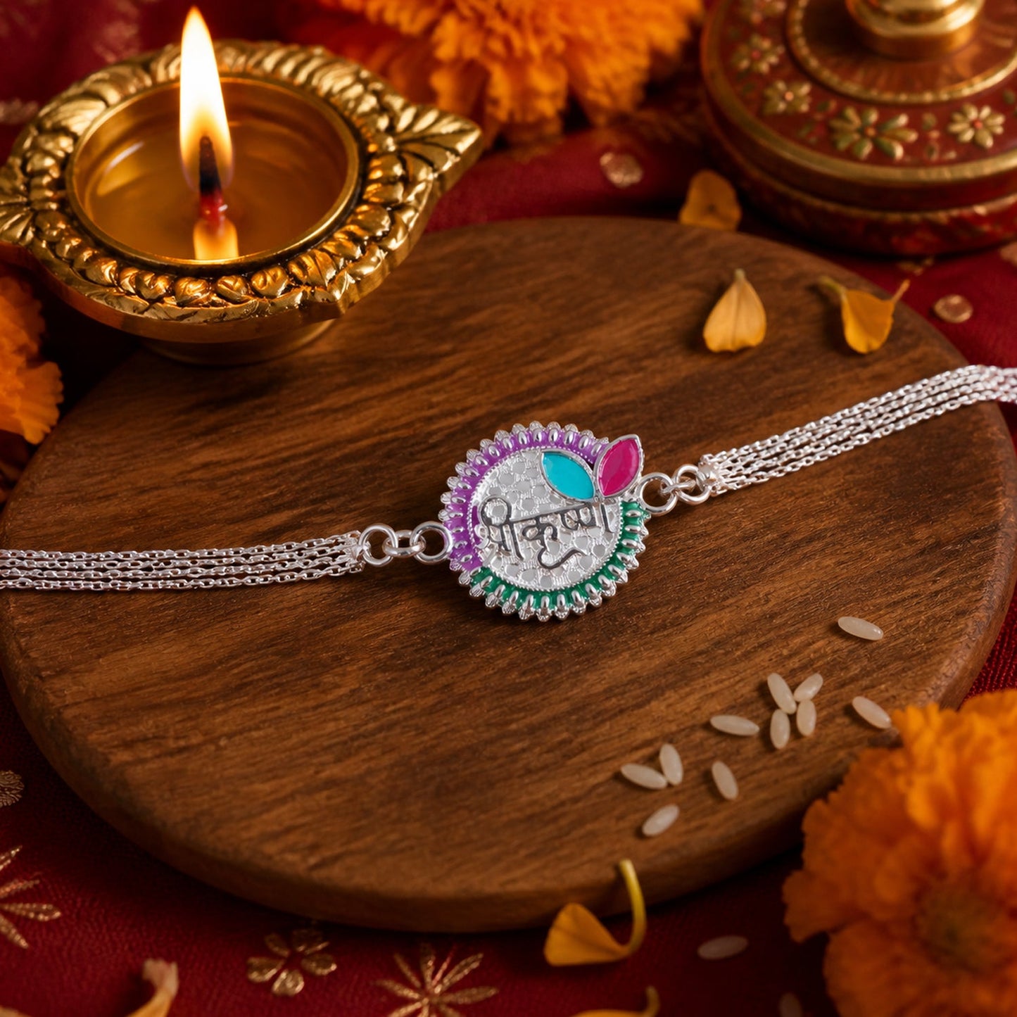 Top view of Shree Krishna Rakhi with beads and intricate design