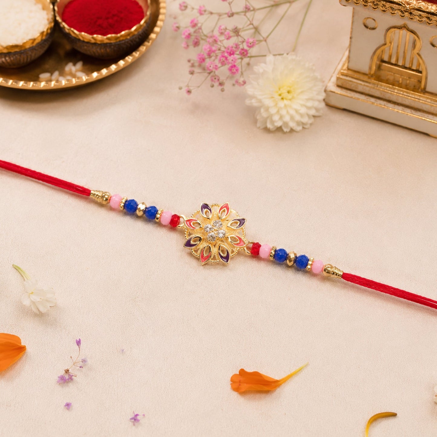 Colorful floral Rakhi with intricate beads