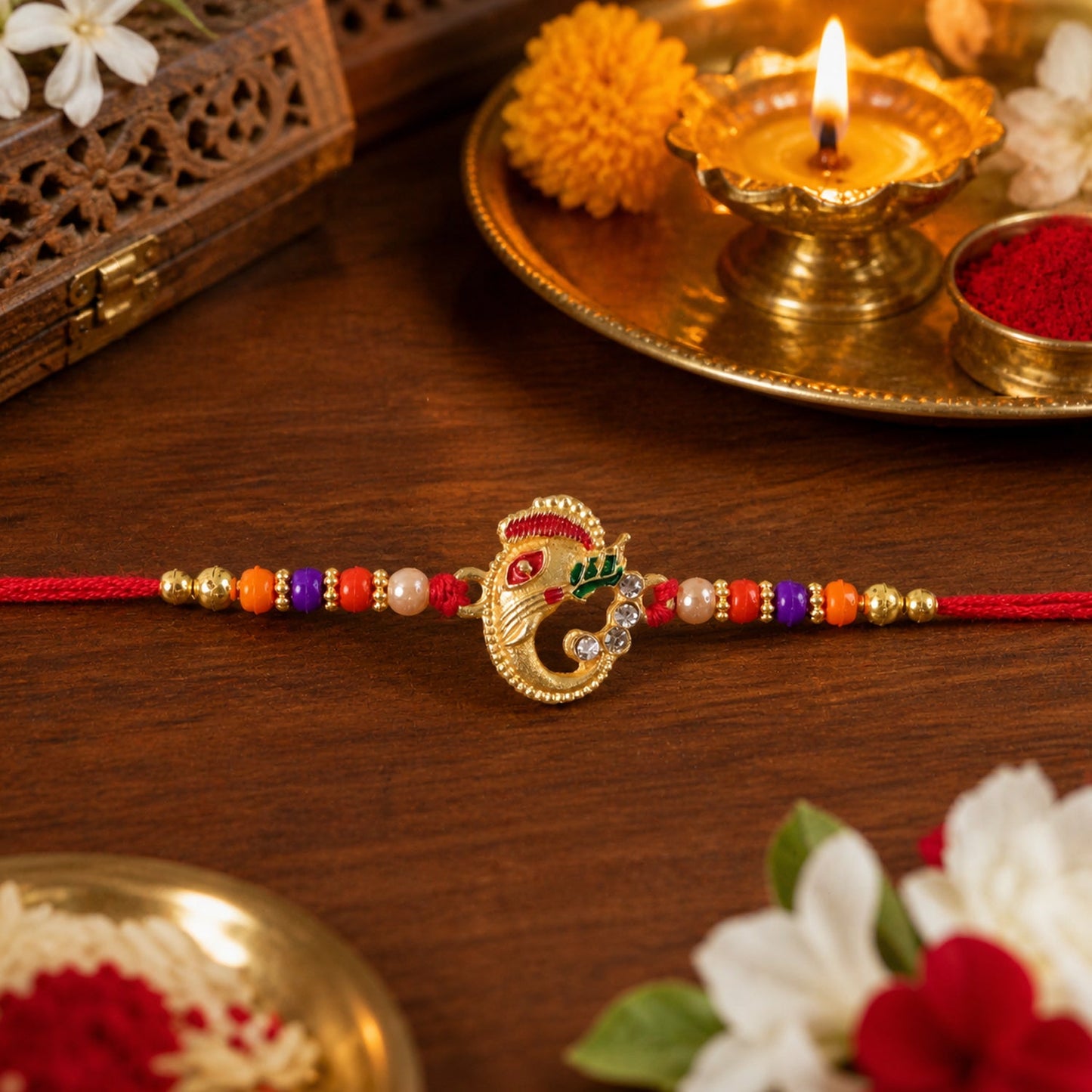 Detailed view of Ganesh Rakhi highlighting decorative elements