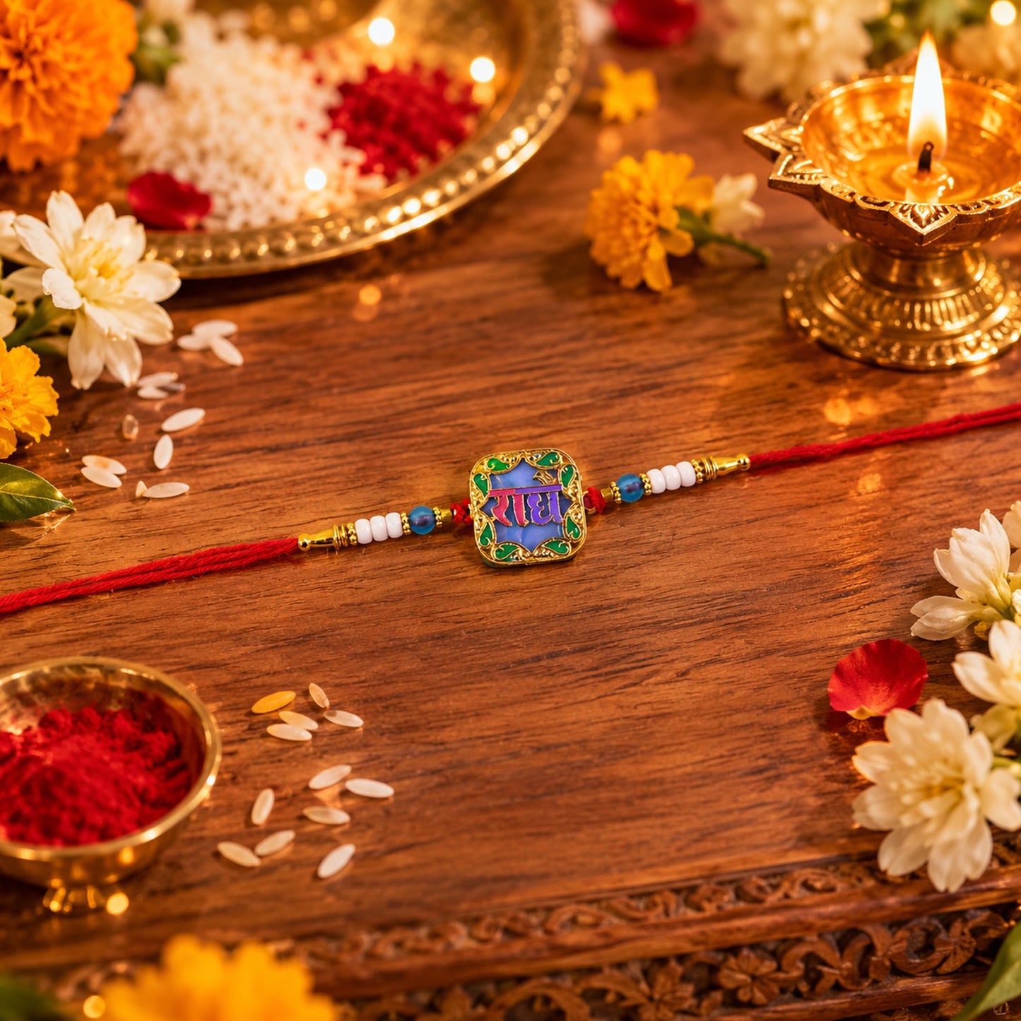 Elegant designer Rakhi with Radhe engraving and beads