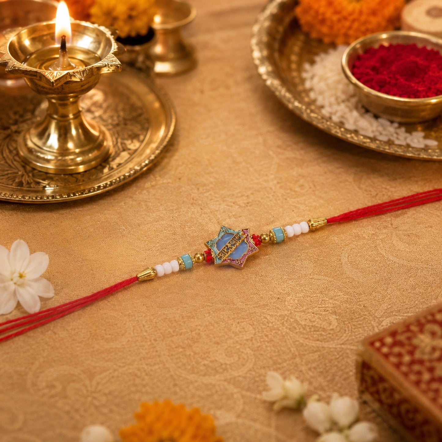 Side view of colorful Khatu Shyam Rakhi showing beads and thread