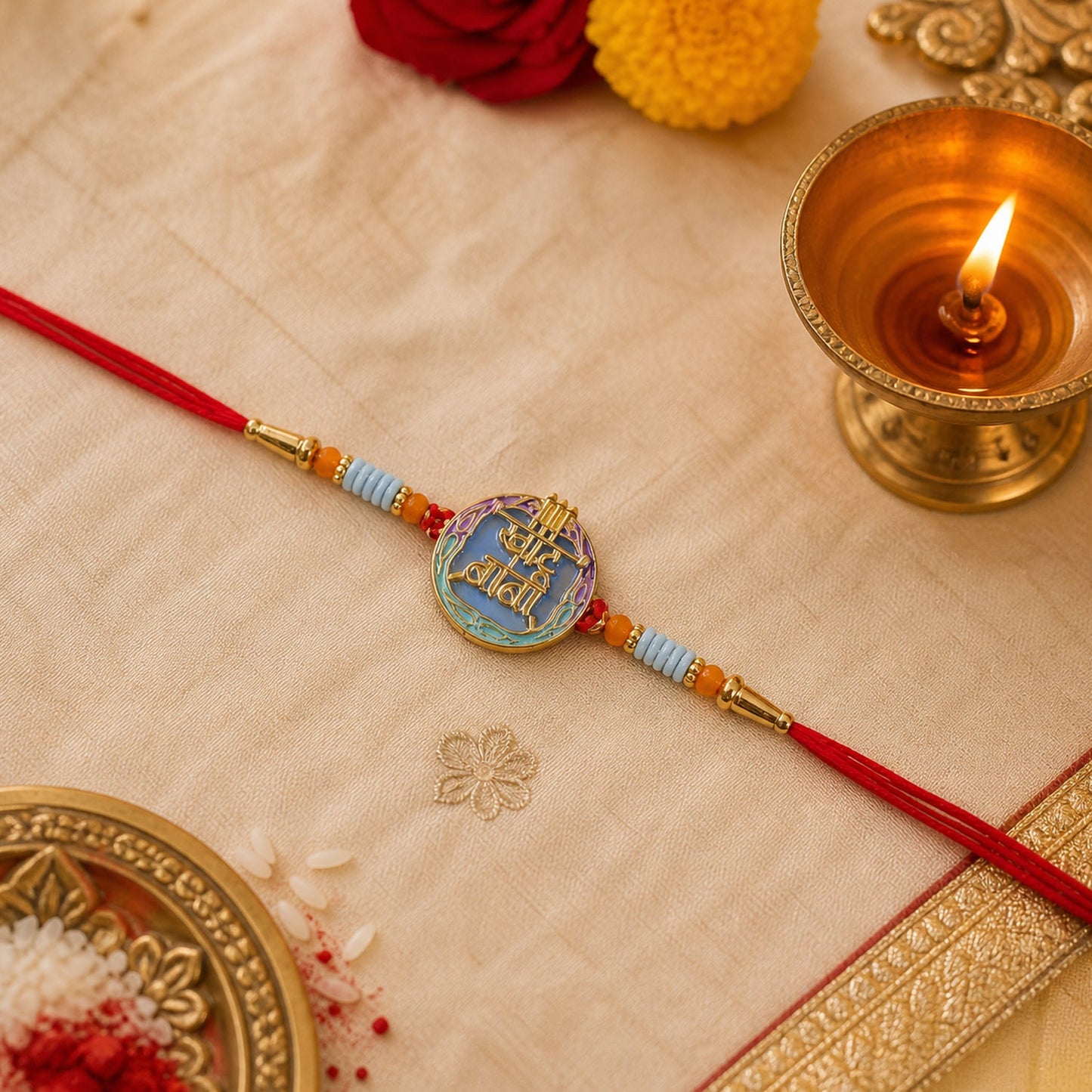 Festive Rakhi with religious symbol and bright colors