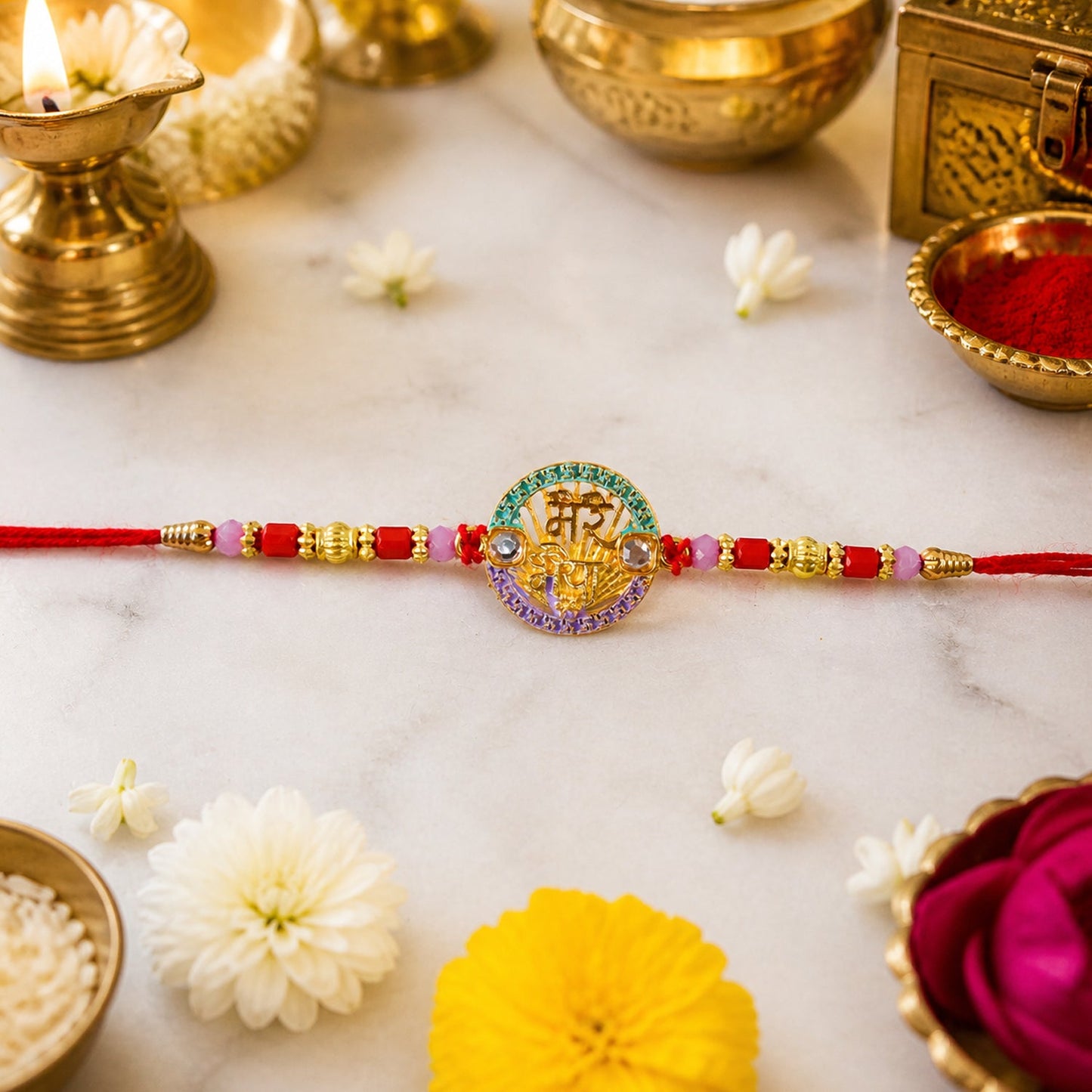 Top view of traditional Rakhi with stone detailing and red thread