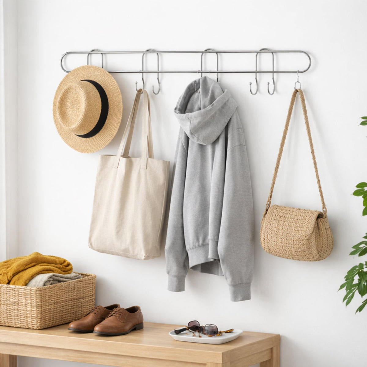 Long Stainless Steel Multi Hook Rack for Home Wall, Clothes and Bags (1 Pc)