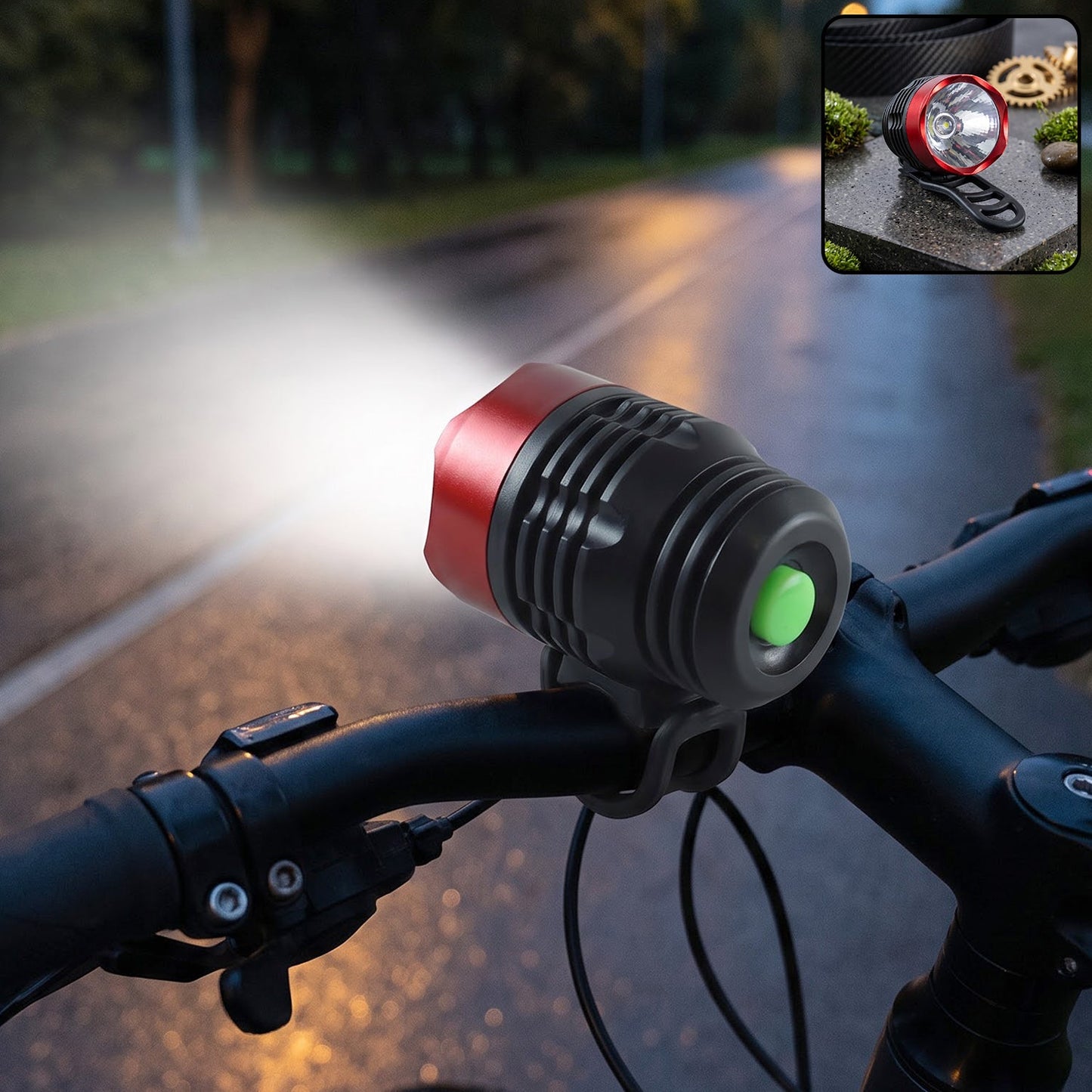 Bicycle headlight mounted on handlebar at night