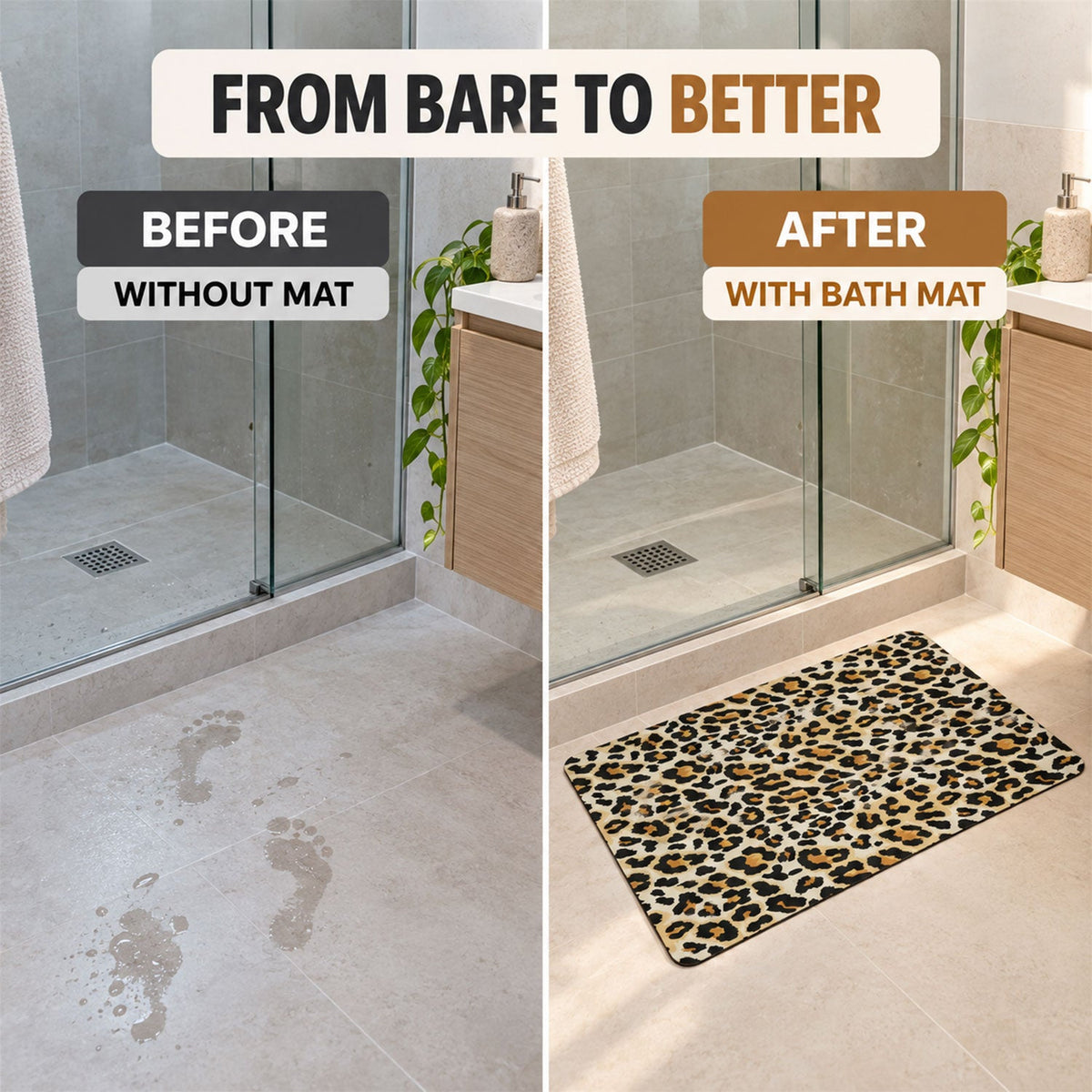 A split image showing a wet bathroom floor before and a leopard print bath mat after placement.