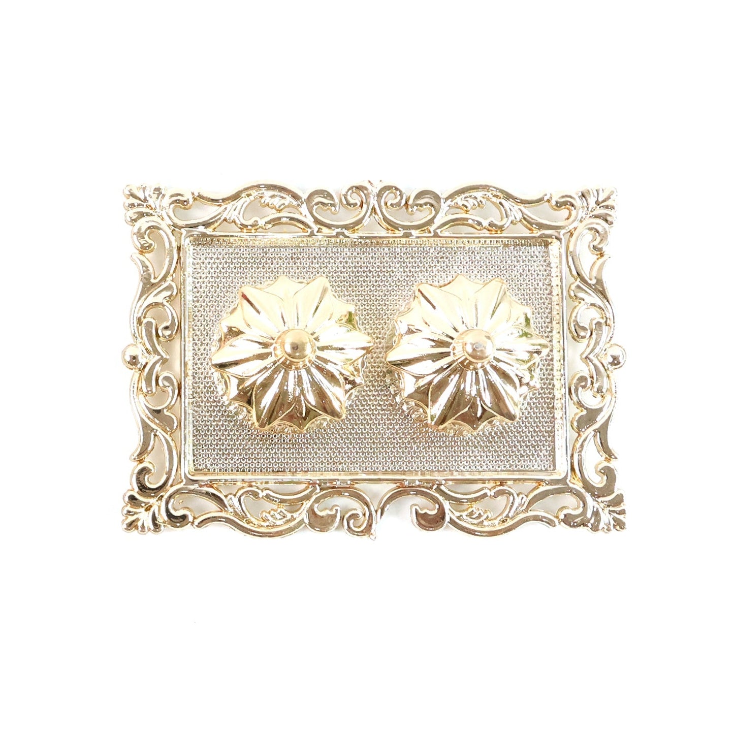 A gold rectangular pooja thali with two flower-shaped containers, on a white background.