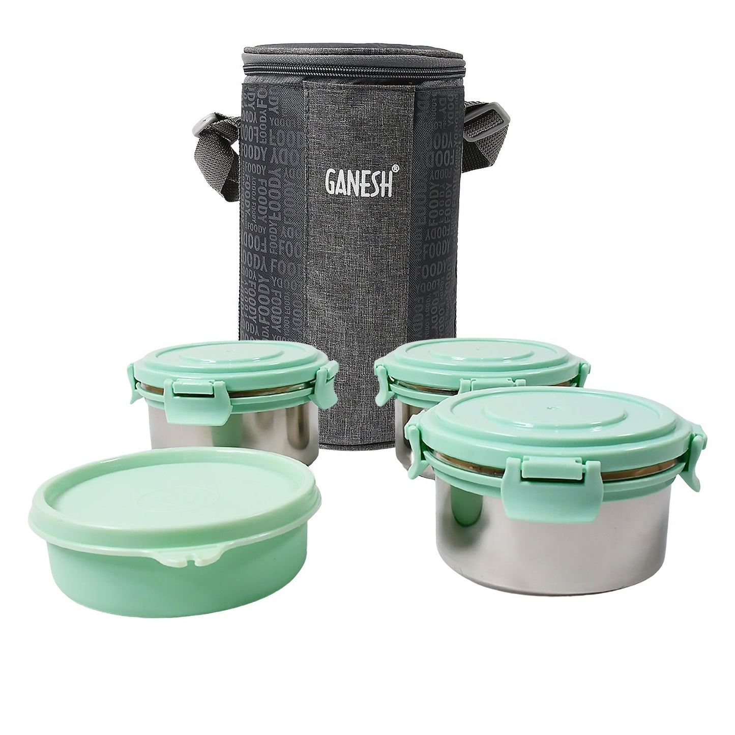 Ganesh 4In1 Tiffin Box-Lunch Box | 3 Stainless Steel Containers 300 Ml Approx & Plastic Salad Container 200 Ml Approx| Plastic lid Box | Round Zip Bag | Leak Proof | Microwave Safe for Office, College and School for Men, Women
