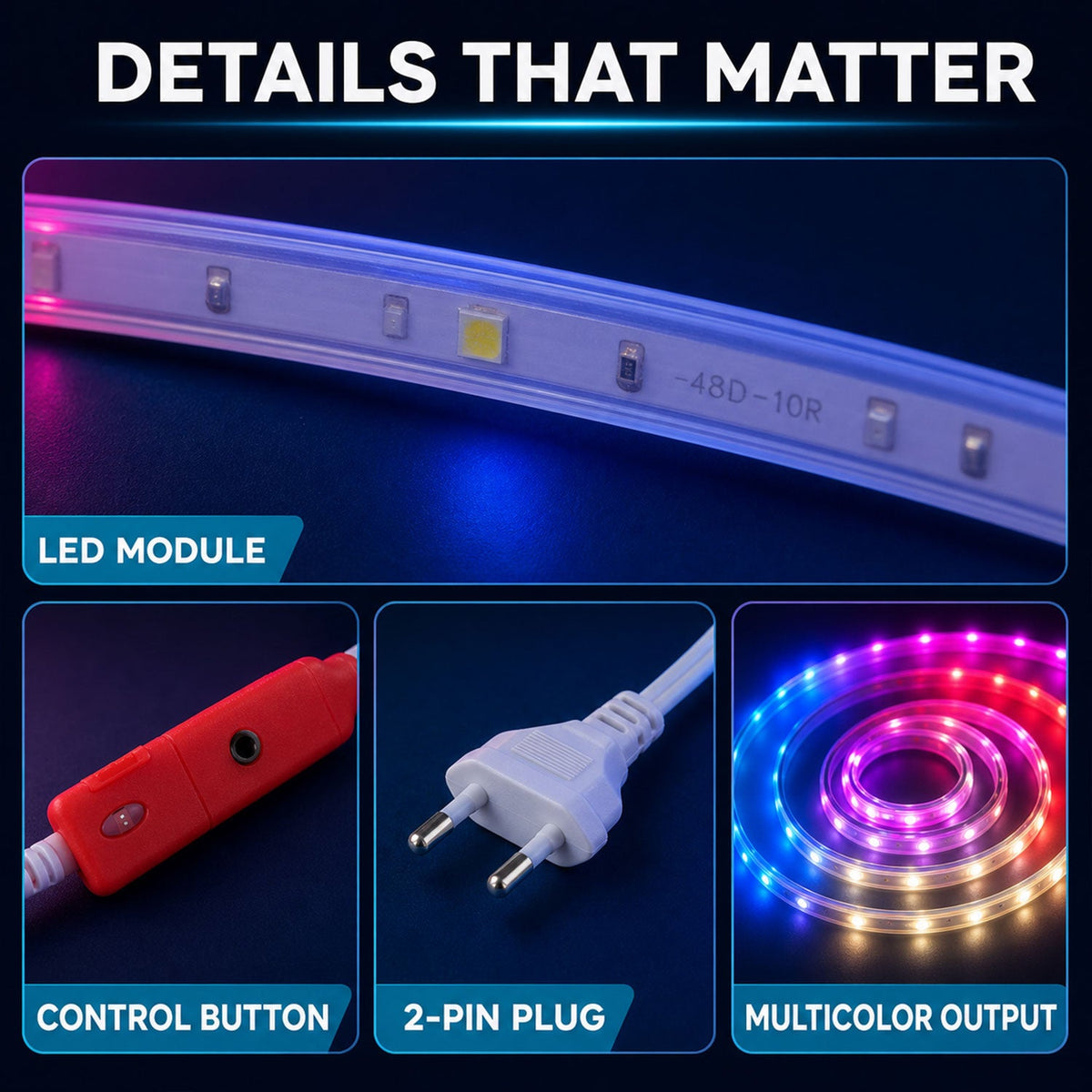 A close-up of the LED module, control button, 2-pin plug, and a coiled multicolor light output.