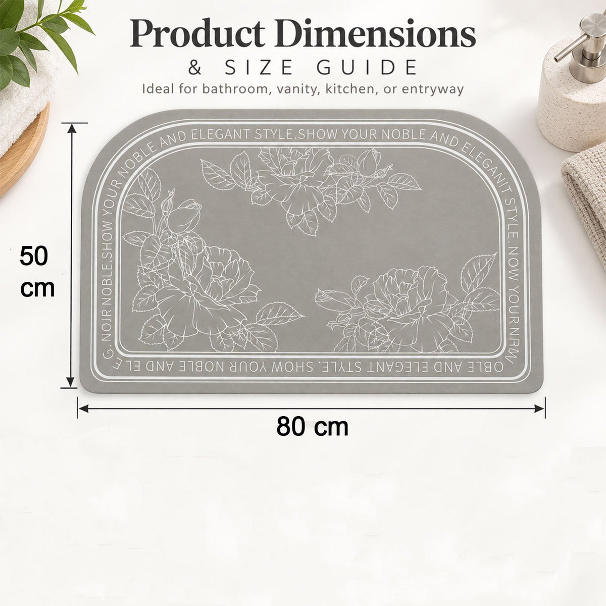 A gray half-round mat with white floral designs and text, overlaid with dimensions of 50 cm by 80 cm.